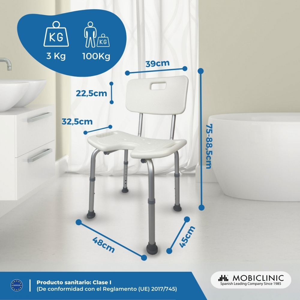 Silla de ducha blanca con patas ajustables, dimensiones y capacidades de peso.