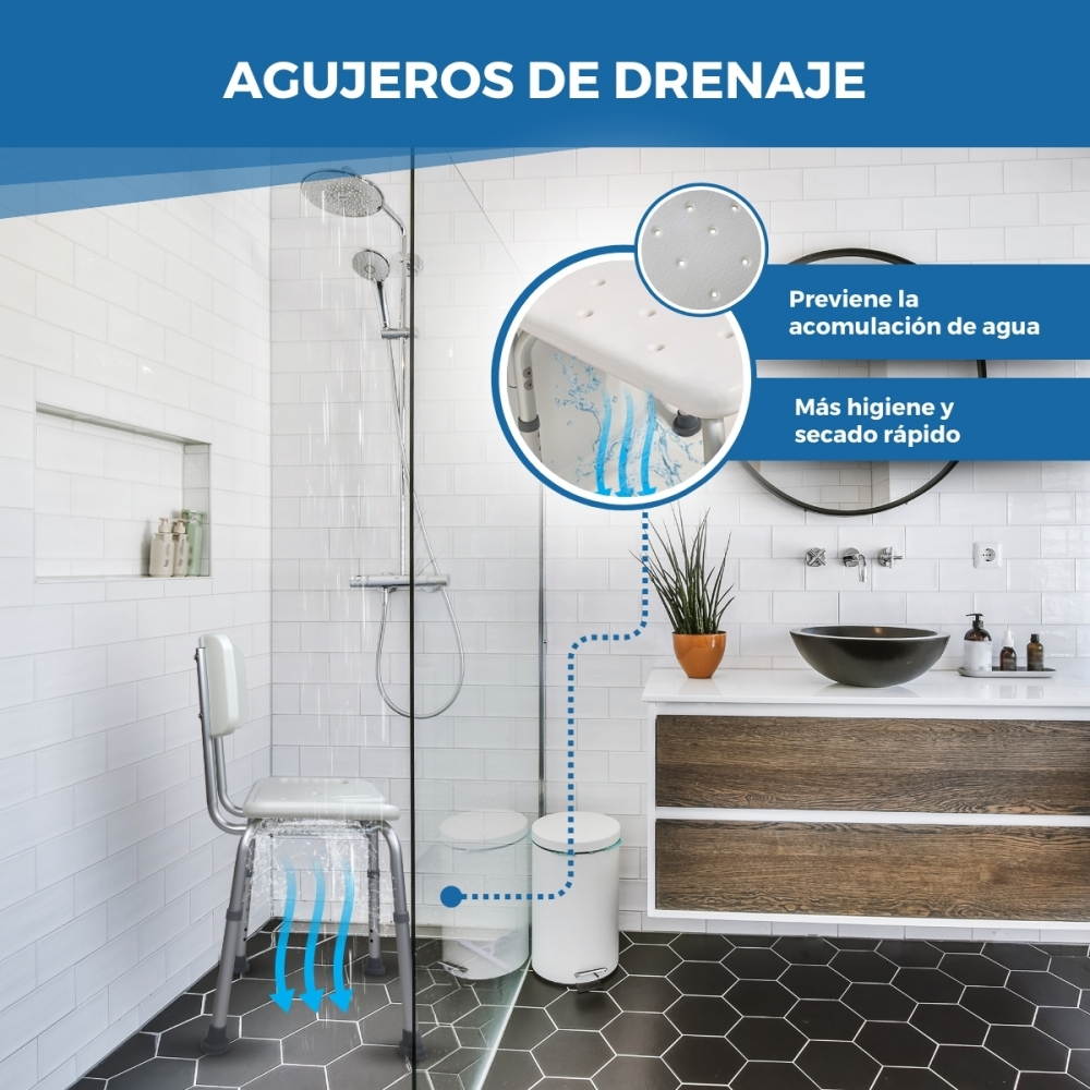 Silla de ducha con orificios de drenaje en baño moderno. El agua fluye.