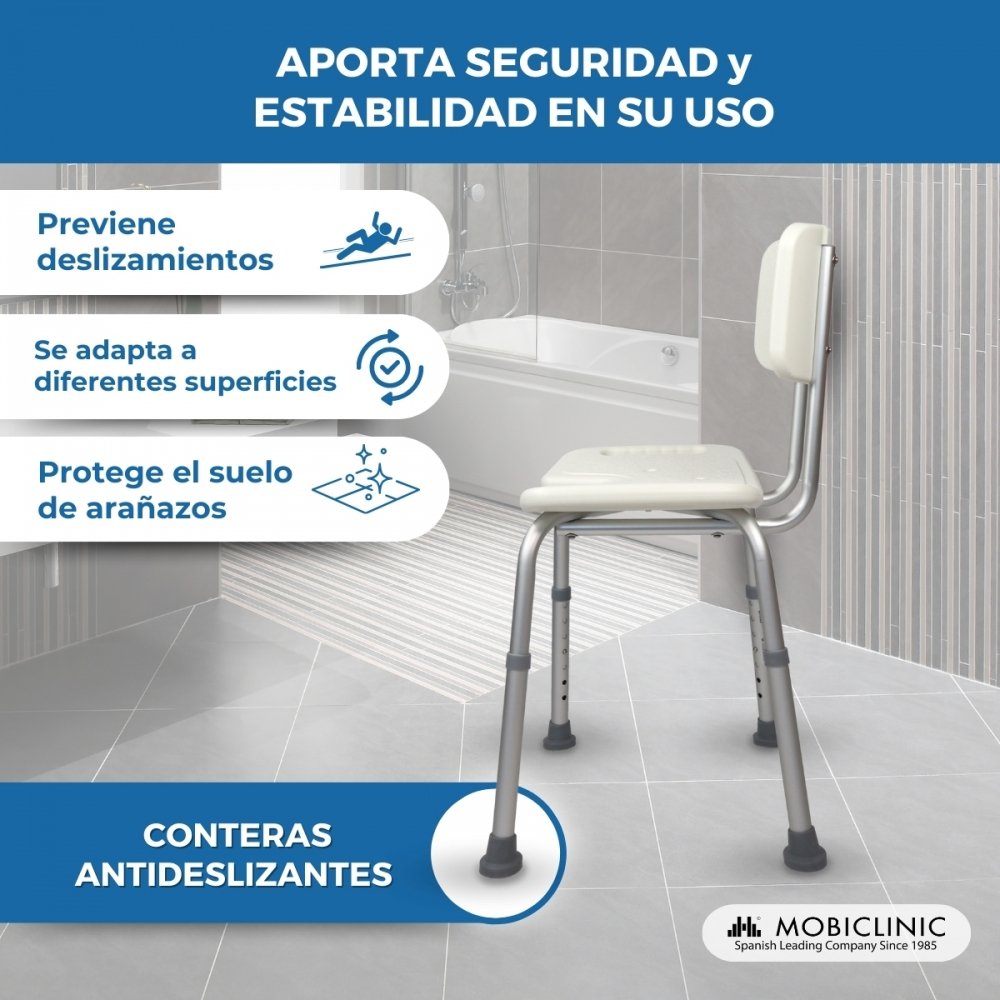 Un asiento de ducha con patas ajustables y pies antideslizantes en un baño.