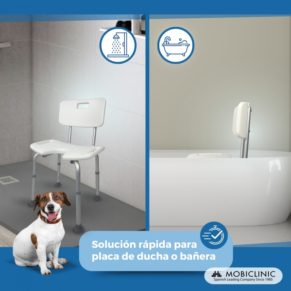 Una silla de ducha a la izquierda y un elevador de bañera a la derecha.