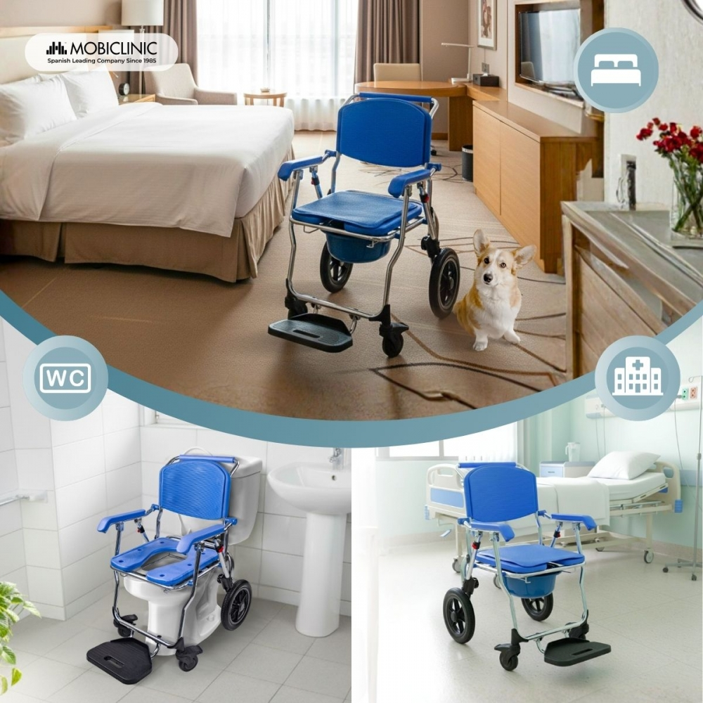 Una silla de ruedas azul con orinal se muestra en dormitorio, baño y hospital.