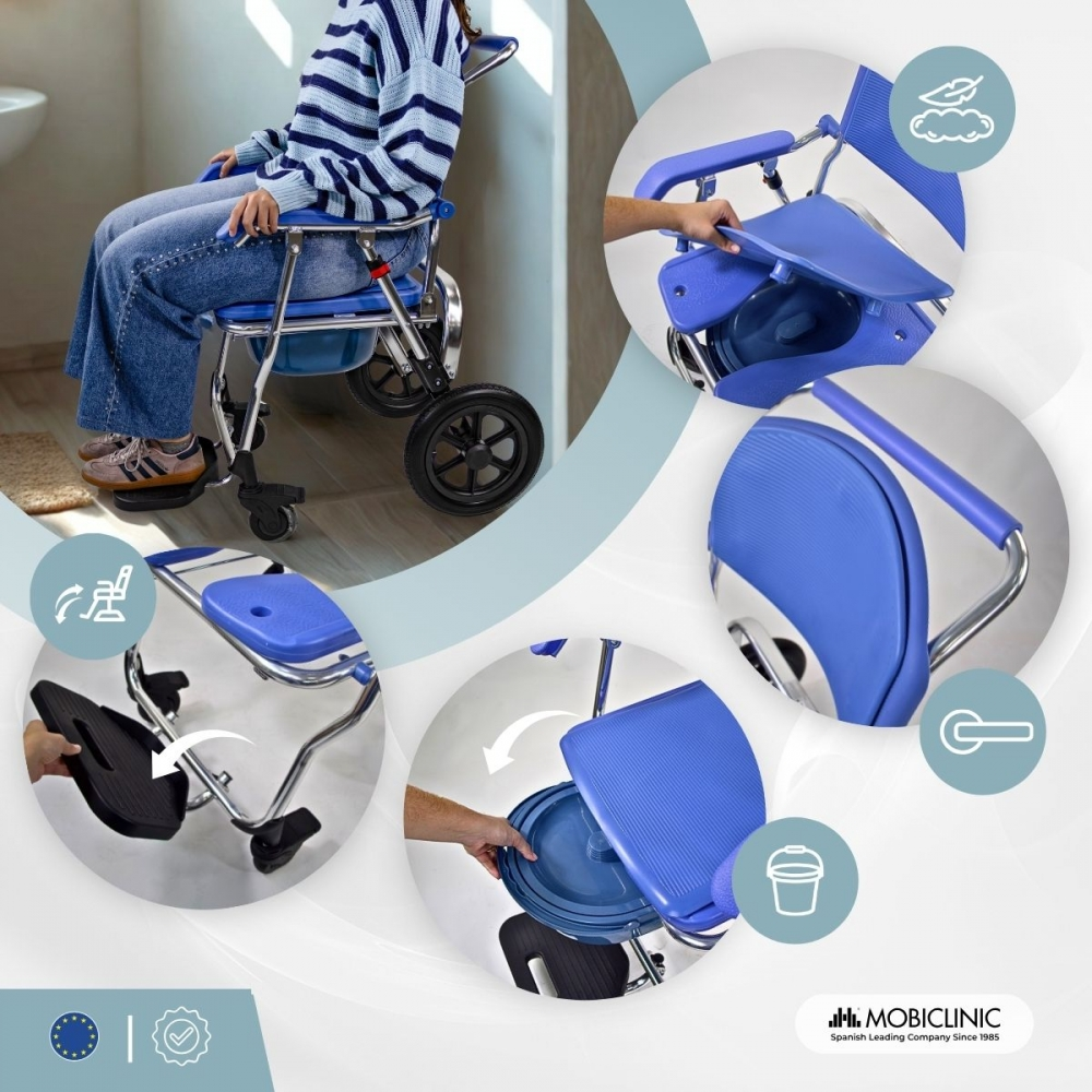 Silla de ruedas azul con orinal, reposapiés ajustables y asas.