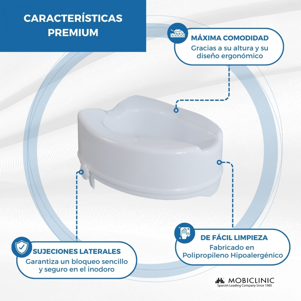 Una elevador de asiento de inodoro blanco con agarres laterales y diseño ergonómico.