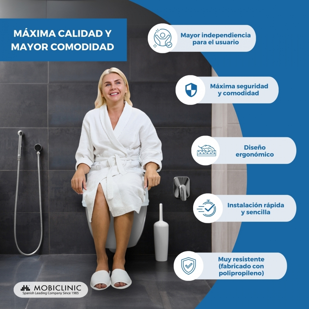 Mujer sentada en el inodoro, rodeada de iconos que enumeran beneficios.