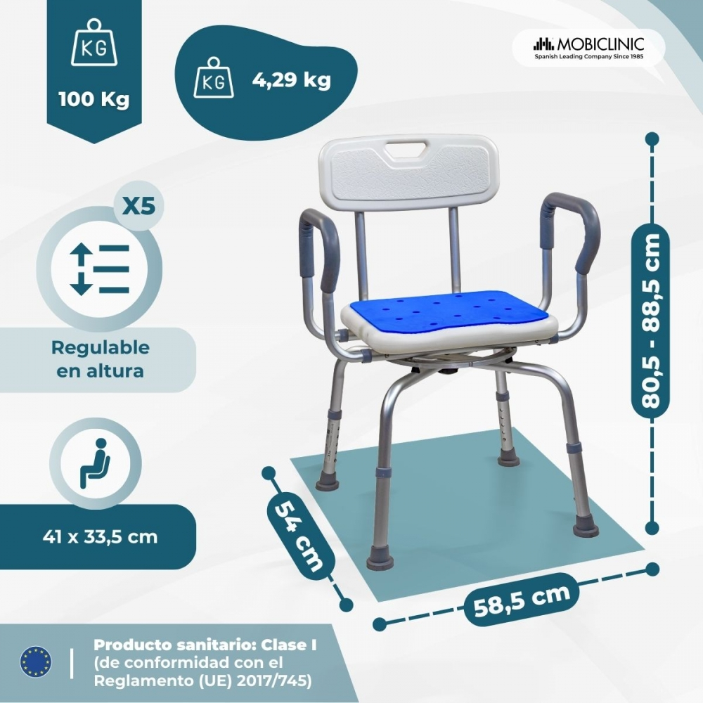 Silla de ducha con reposabrazos, regulable en altura, 54x58.5cm, 100kg.