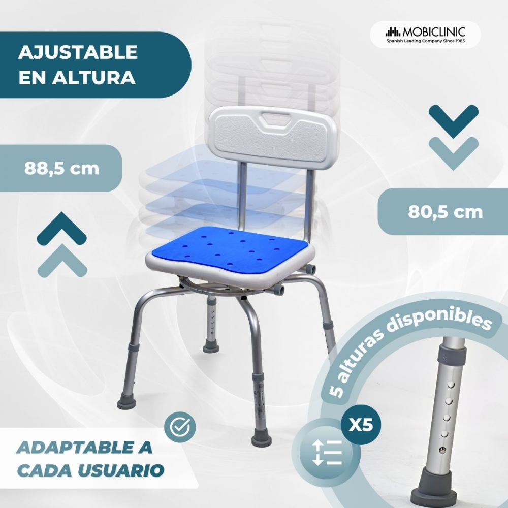 Silla de ducha regulable en altura con asiento azul, respaldo y estructura metálica.
