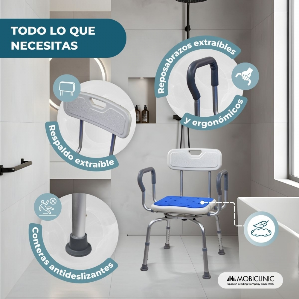 Silla de ducha con respaldo, reposabrazos y pies antideslizantes.