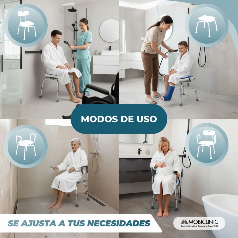 Varias personas usan asientos de ducha en un baño. Imagen con texto.