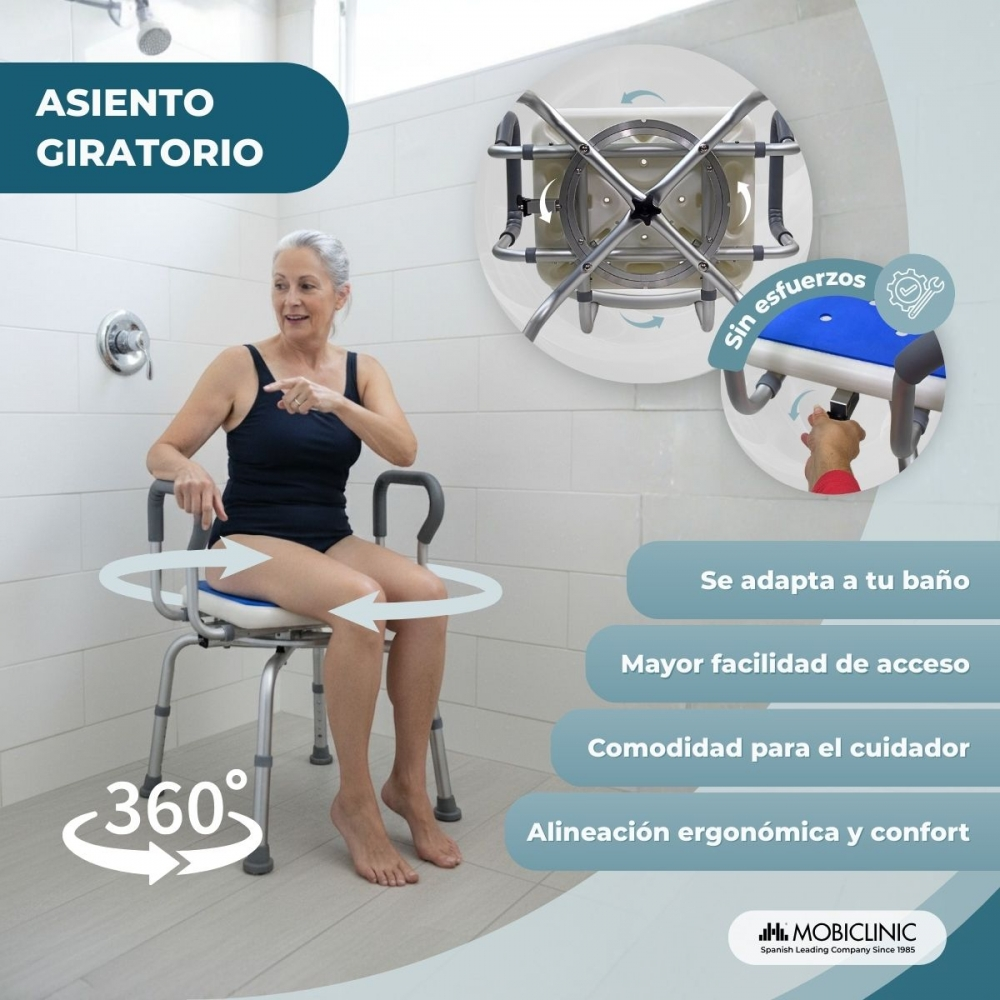 Una mujer se sienta en un asiento de ducha giratorio en un baño.