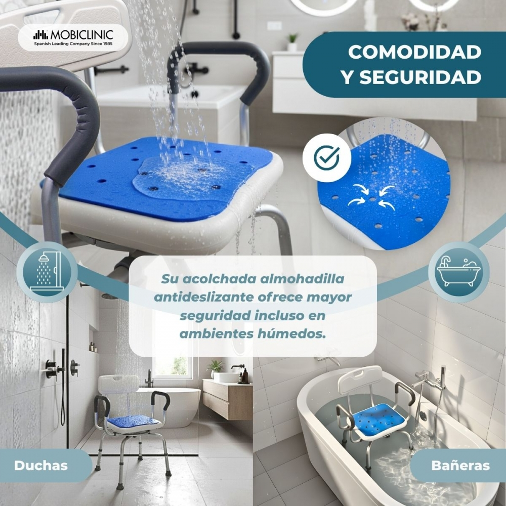 Silla para ducha y baño con asiento azul, expuesta al agua.
