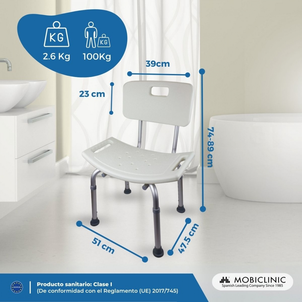 Silla de ducha blanca con medidas. Capacidad máxima 100 kg.