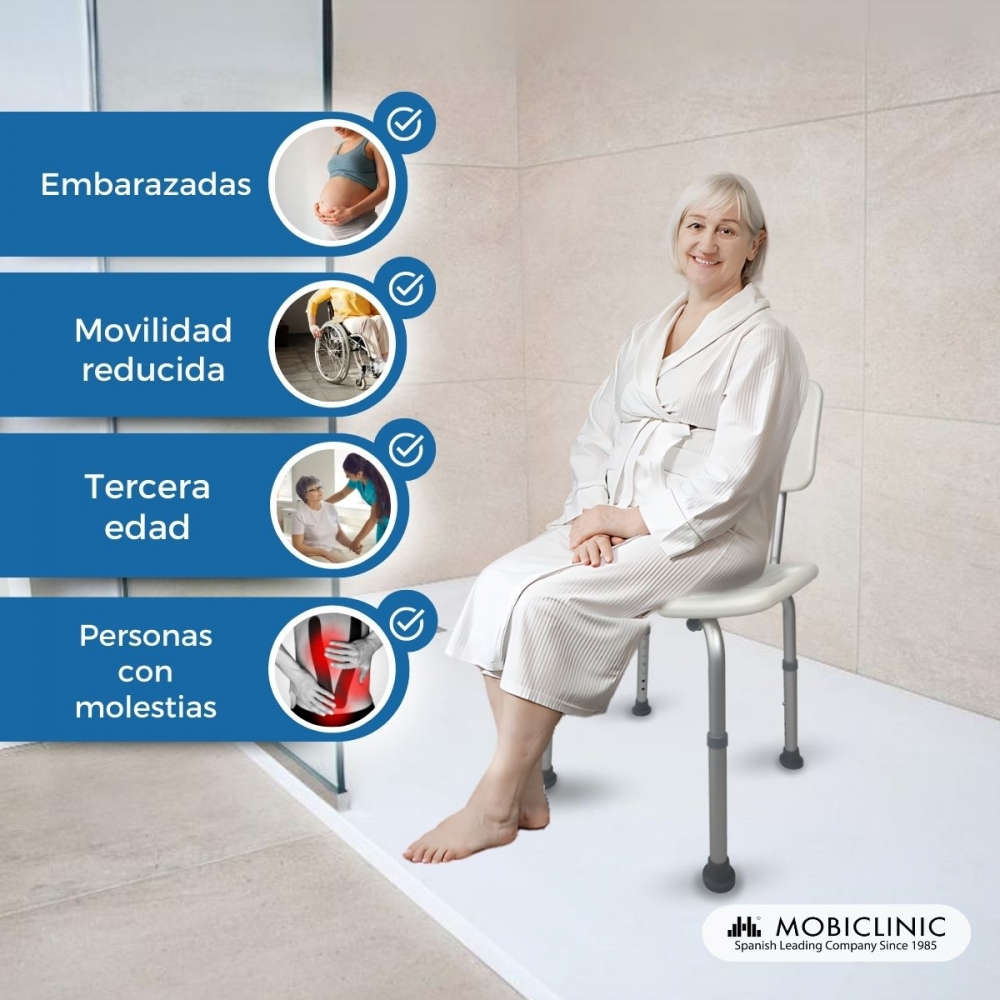 Una mujer mayor sentada en una silla de ducha. Izquierda muestra iconos para embarazadas, movilidad reducida, mayores y dolor.