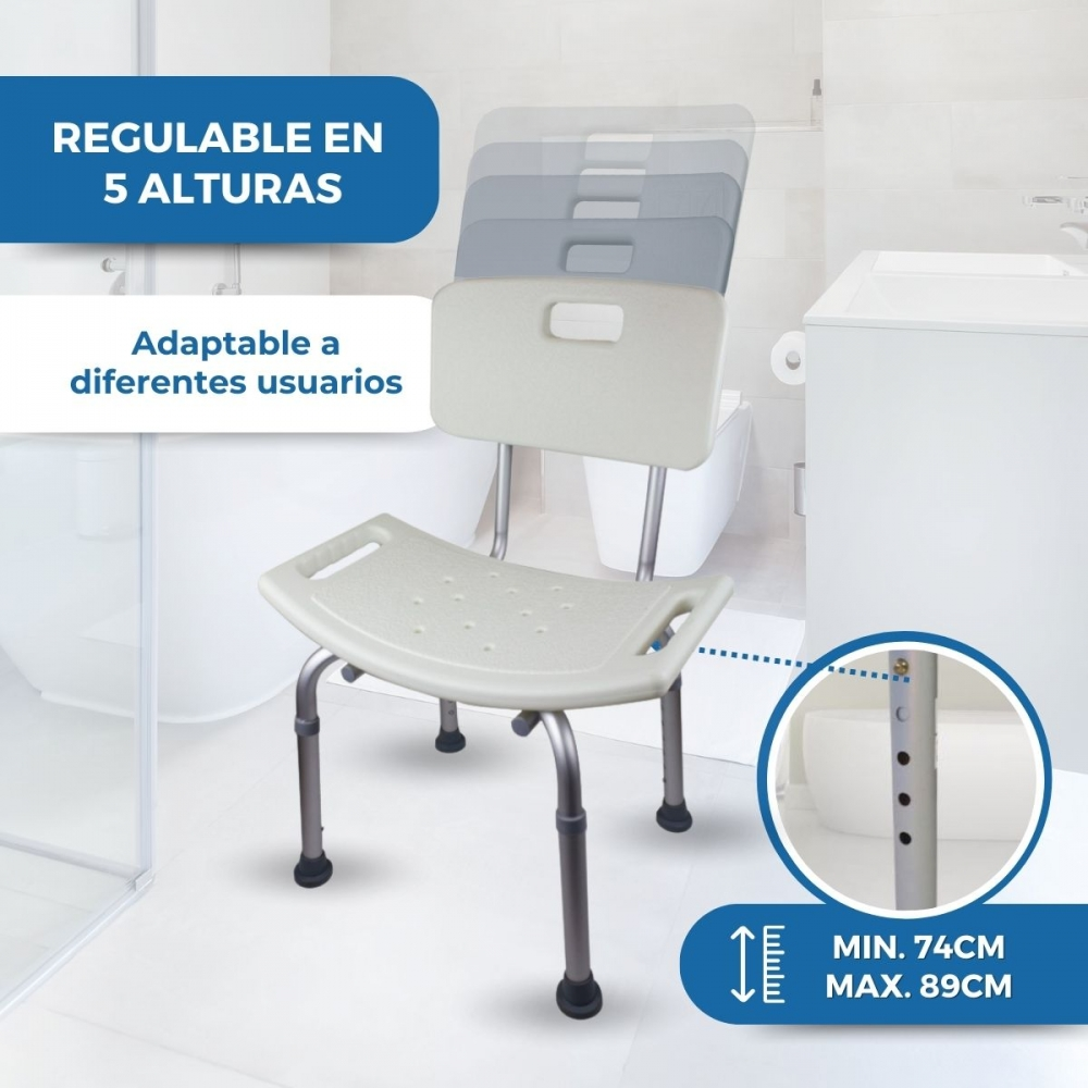 Silla de ducha ajustable en baño, altura regulable de 74-89 cm.