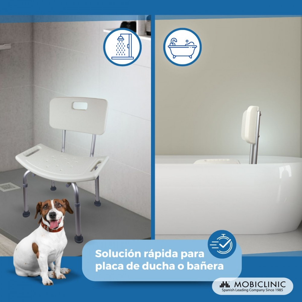 Se muestran una silla de ducha y un elevador de bañera.