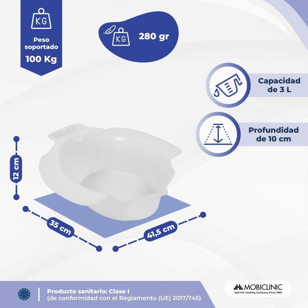 Orinal blanco con medidas: 35x41,5x12 cm, capacidad 3L.