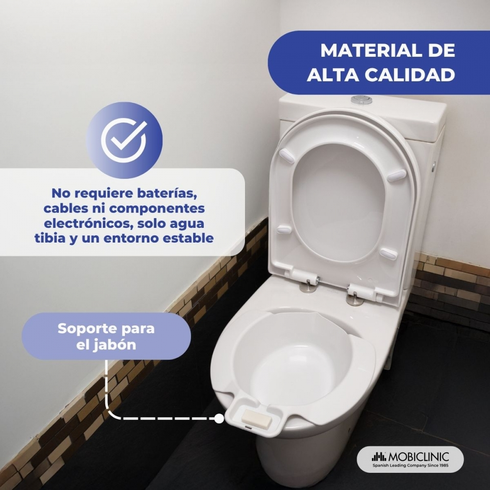 Un accesorio de bidé blanco en un inodoro, con cuadros de texto.