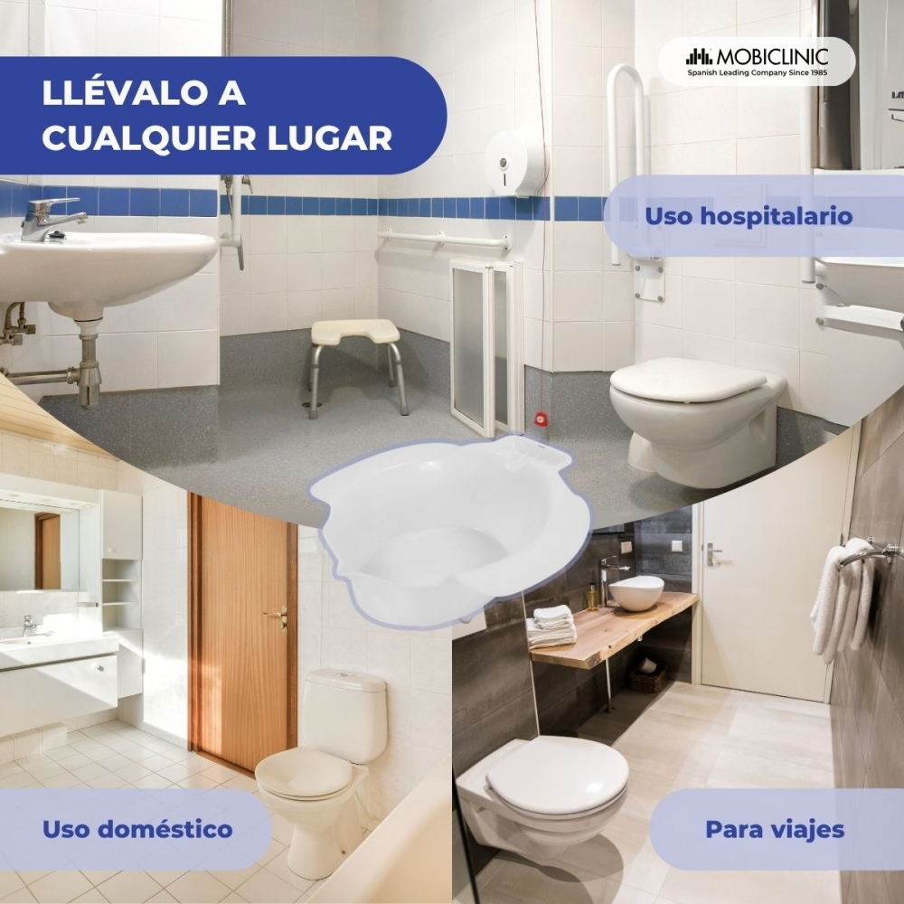 Un collage de imágenes de baños que muestran productos Mobiclinic.
