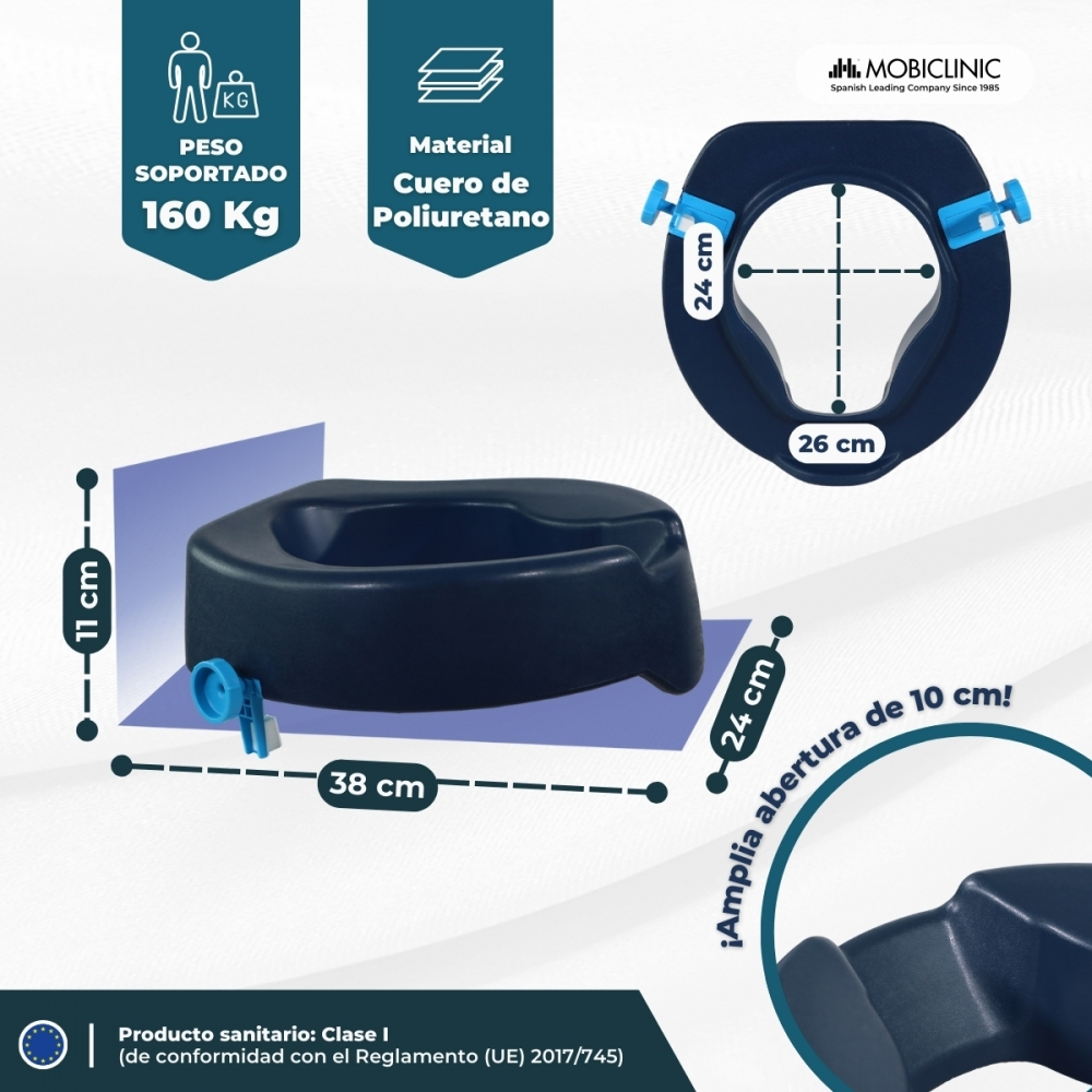 Un cojín de asiento de inodoro azul oscuro con medidas y carga.