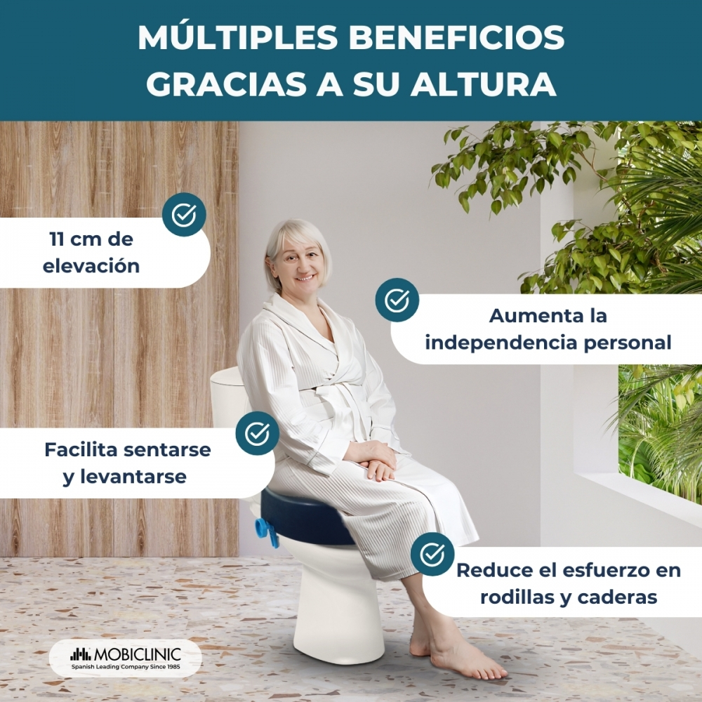 Mujer mayor sentada en inodoro elevado con cuadros de texto sobre beneficios.