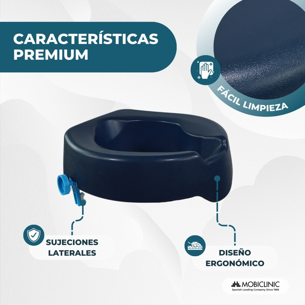 Elevador de asiento de inodoro azul oscuro con sujeciones laterales.