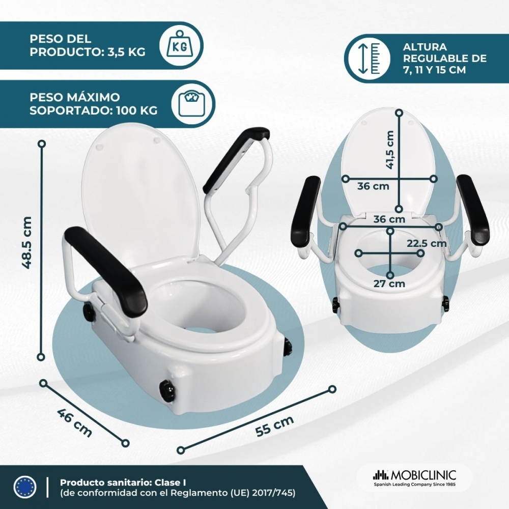 Un elevador de asiento de inodoro blanco con reposabrazos y medidas.