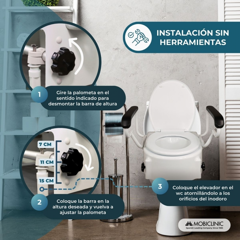 Ilustración muestra el montaje de un elevador de inodoro con reposabrazos.