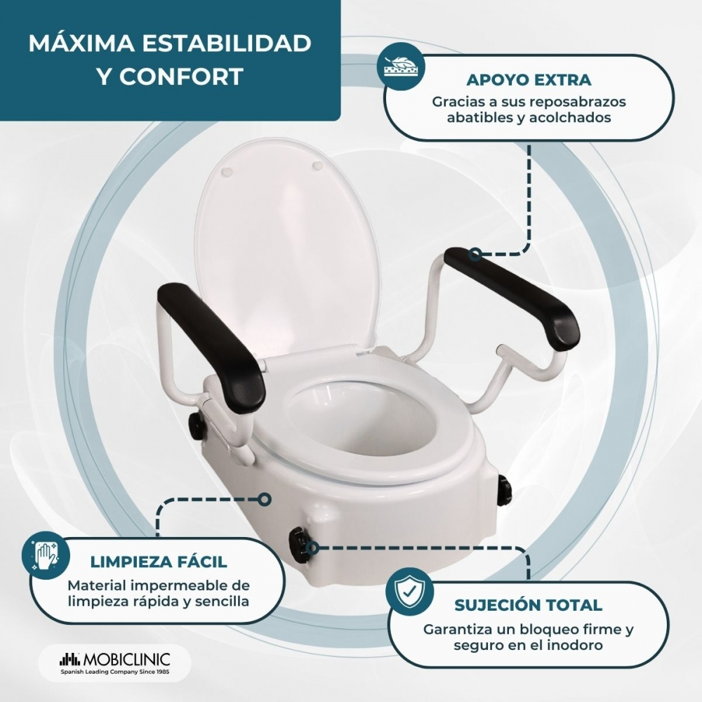 Un elevador de asiento de inodoro blanco con reposabrazos acolchados.