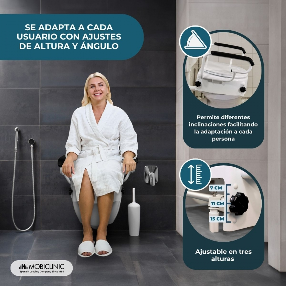 Mujer en bata sentada en inodoro con elevador. Infografías muestran opciones de ajuste.