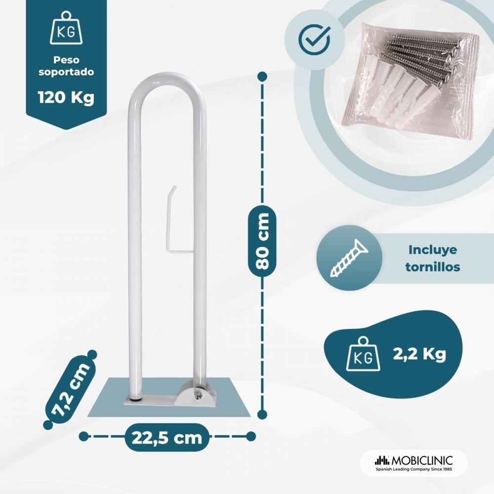 Barra de apoyo blanca con tornillos, 80cm alto, 22.5cm ancho, soporta 120kg.
