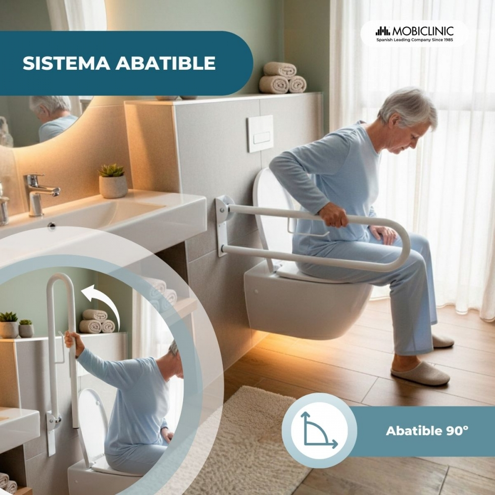 Persona mayor usando barra de agarre para inodoro en baño.