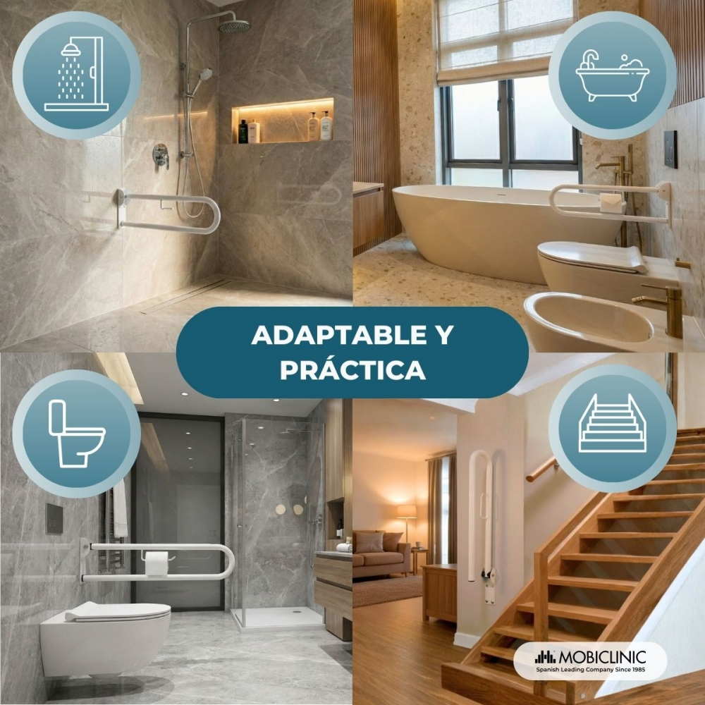 Collage de soluciones de baño y salvaescaleras accesibles. Incluye ducha, bañera, inodoro y escaleras.
