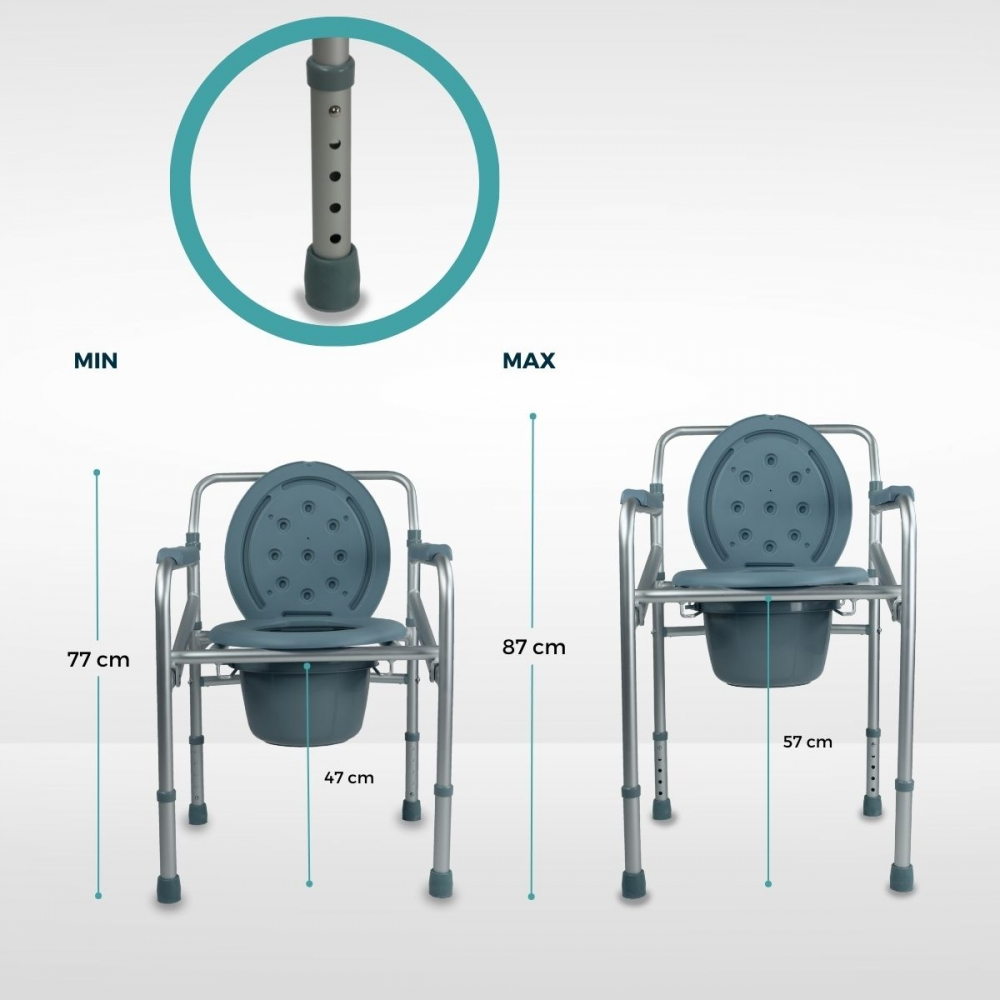 Silla inodoro ajustable: Min. 77cm alto, 47cm ancho. Max. 87cm alto, 57cm ancho.