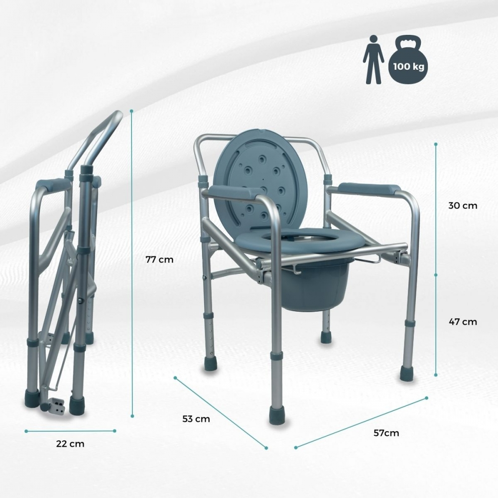 Se muestra una silla inodoro gris abierta y plegada, con dimensiones indicadas.