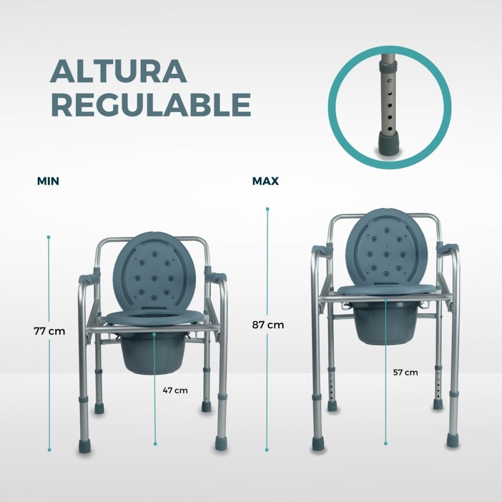 Una silla de inodoro ajustable en altura mínima y máxima.