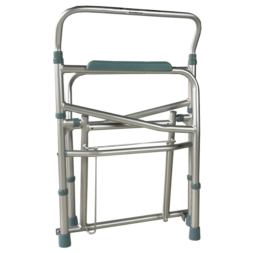 Una silla de ducha plegable plateada con asiento turquesa.