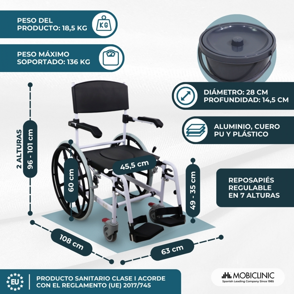 Silla de ruedas blanca y negra con dimensiones e información de materiales.