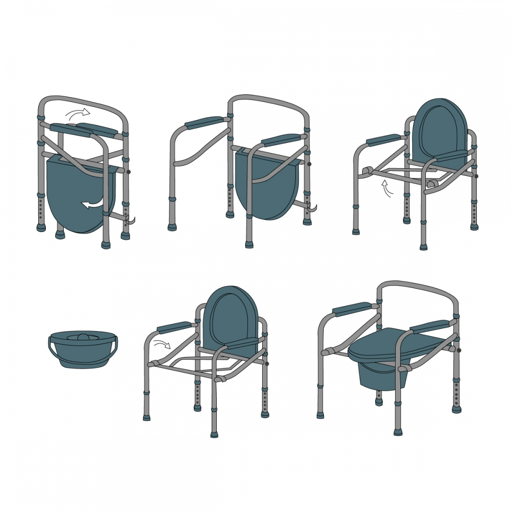 Ilustraciones muestran el montaje de una silla inodoro en varios pasos.
