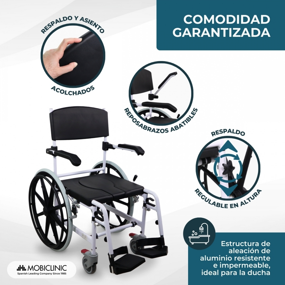 Una silla de ruedas de ducha blanca con cojines negros y reposabrazos.