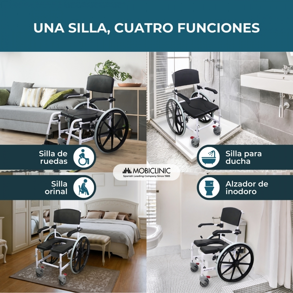 Una silla de ruedas que funciona como silla de ducha, silla de inodoro y elevador de asiento.