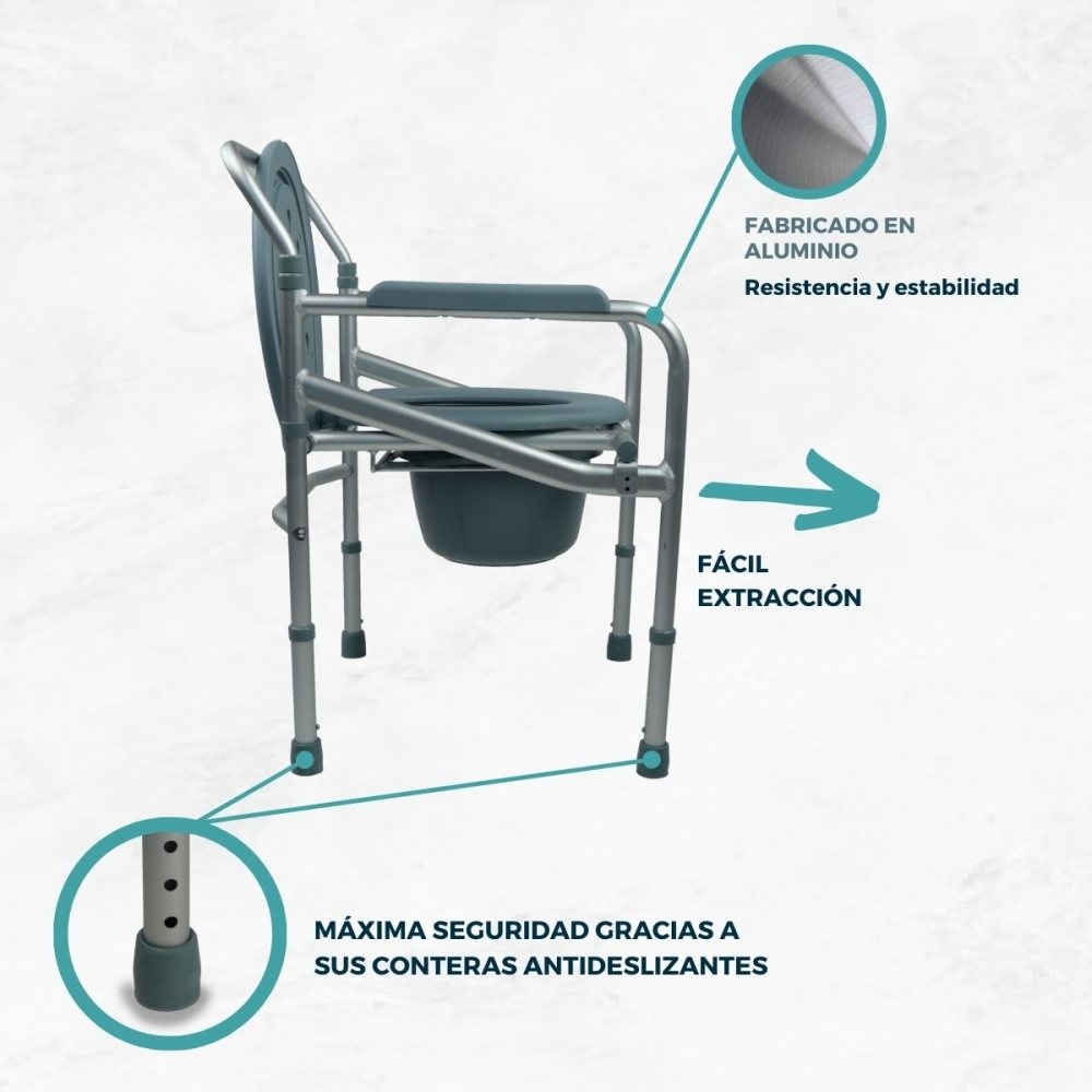Un sillón de WC con reposabrazos y cubo, fabricado en aluminio.