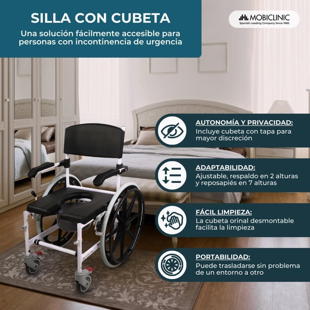Una silla de ruedas con cubeta para incontinencia, en un dormitorio.