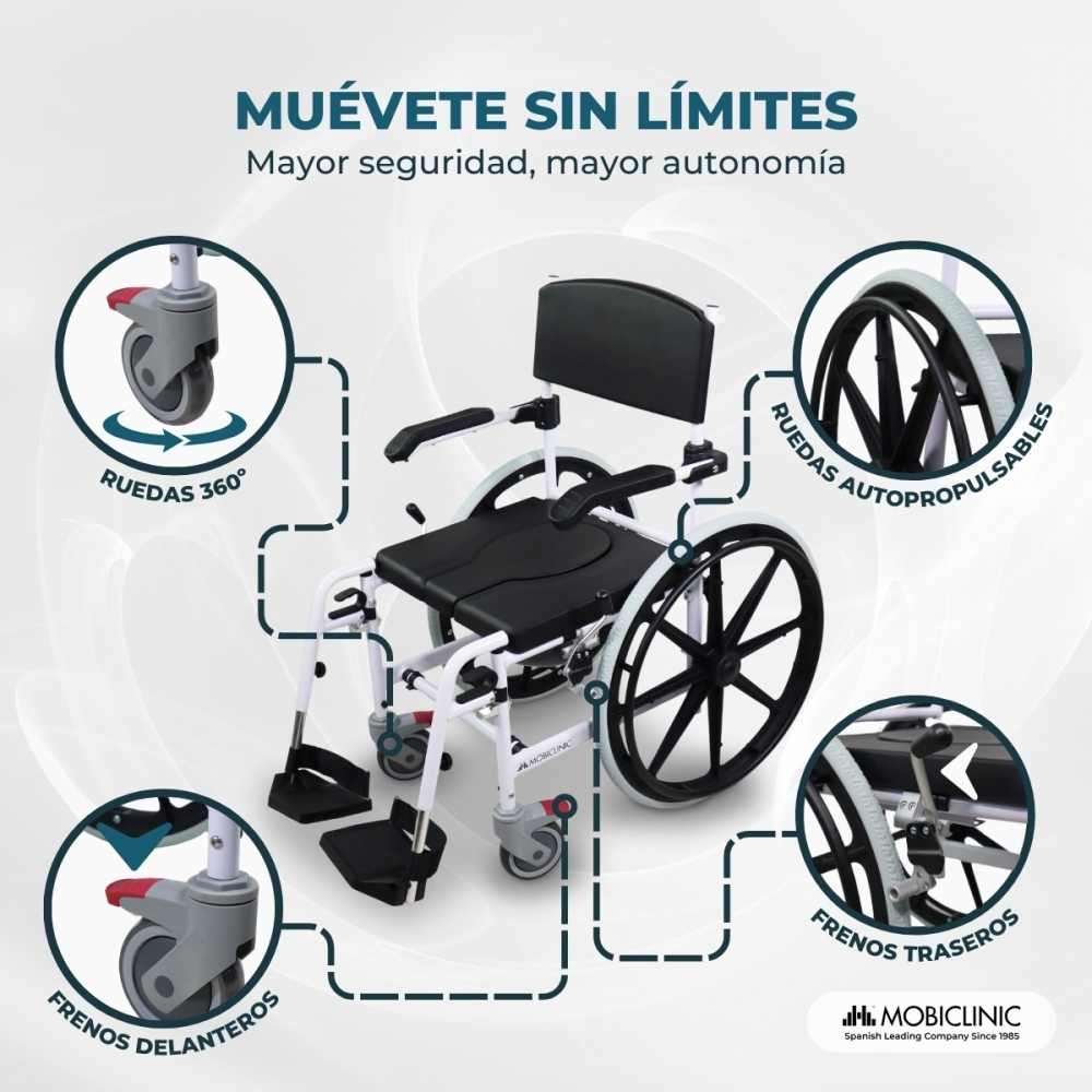 Una silla de ruedas blanca con tapicería negra, ruedas y frenos destacados.