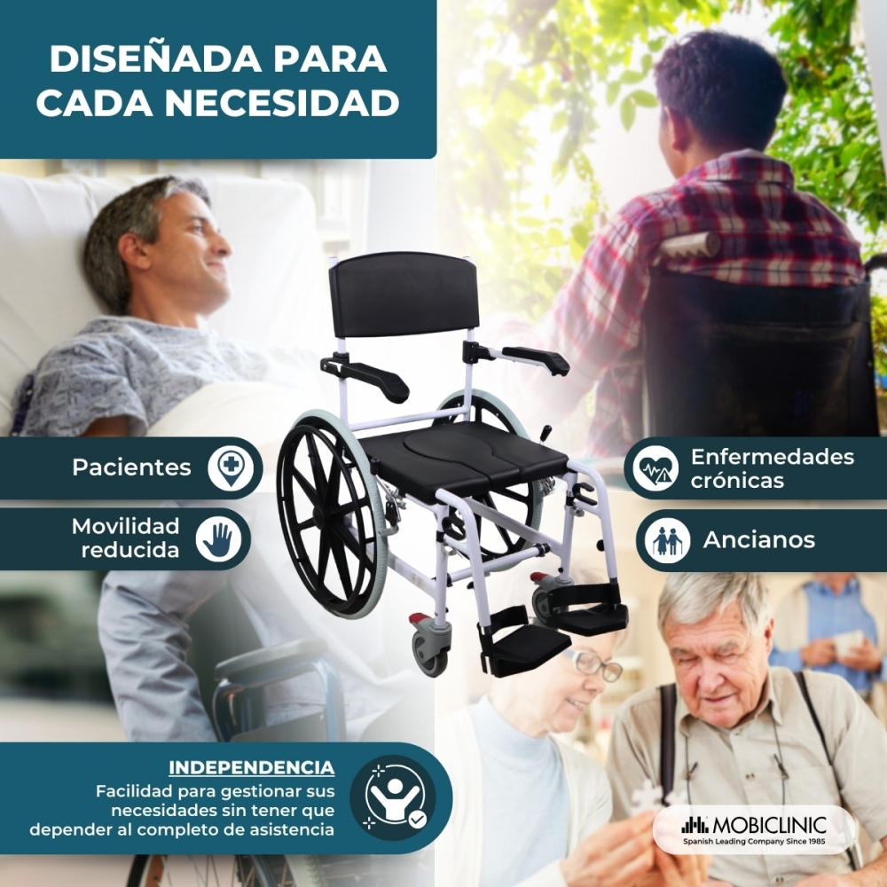 Se muestra una silla de ruedas para pacientes, personas mayores y con movilidad reducida.