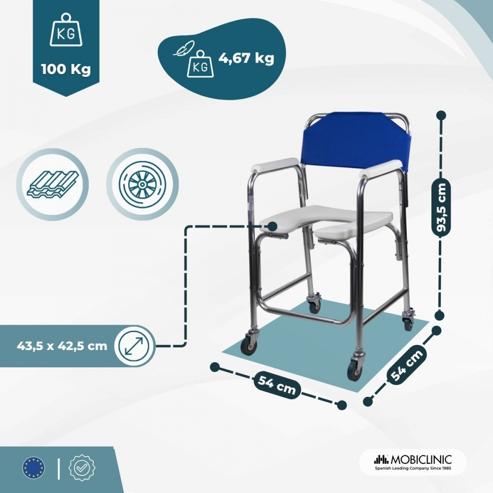 Silla de ducha con respaldo azul y asiento blanco, medidas 54x54x93.5cm.