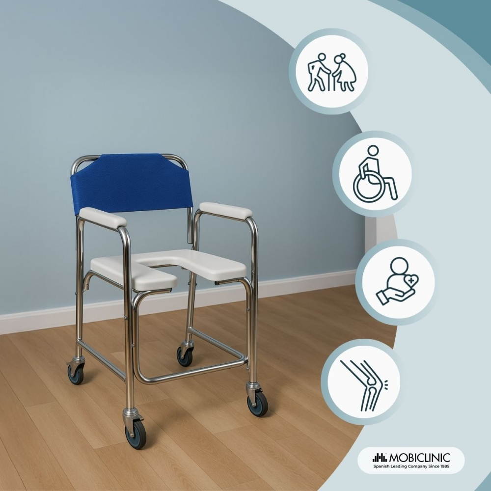 Silla de ducha con respaldo azul y asiento blanco, con ruedas.