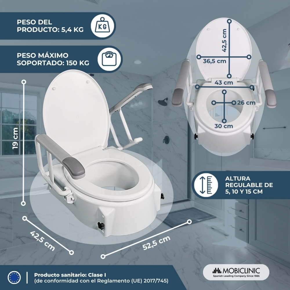 Asiento elevador de inodoro con reposabrazos, medidas y pesos.