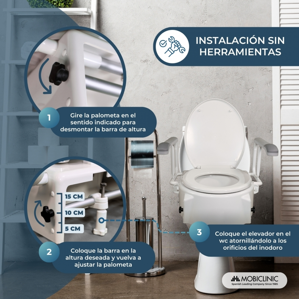 Instrucciones para la instalación sin herramientas de un elevador de WC con pasos.