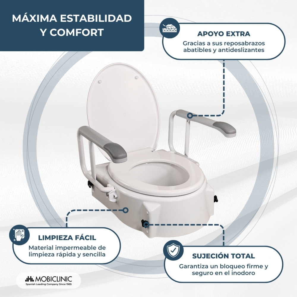 Un elevador de asiento de inodoro blanco con reposabrazos. Máxima estabilidad y confort.