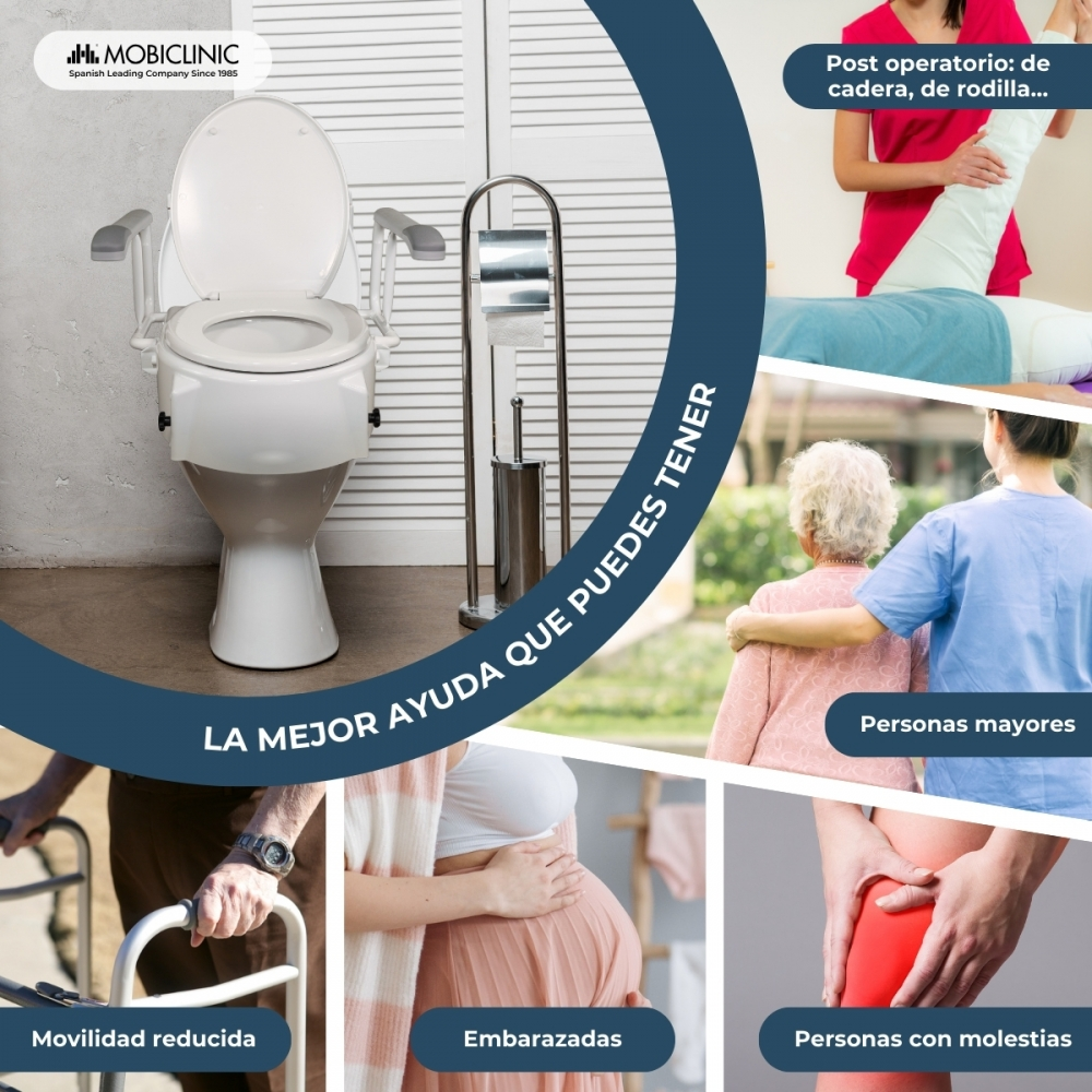 Asiento de inodoro, ayudas de movilidad e imágenes de cuidadores y pacientes.