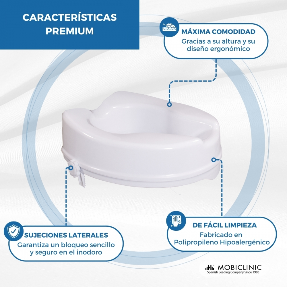 Elevador de asiento de inodoro blanco con texto que describe características como comodidad, soportes laterales y fácil limpieza.